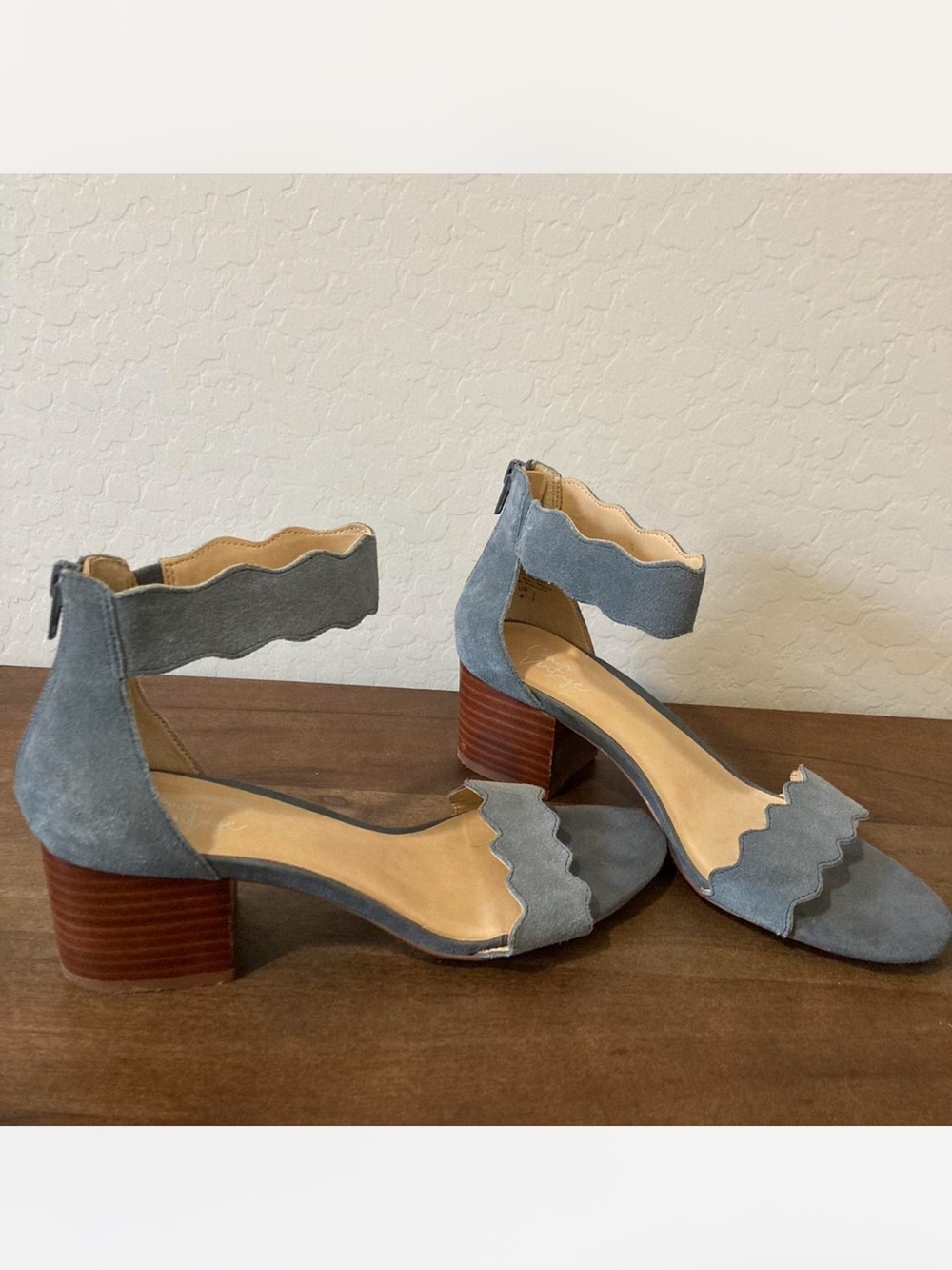 Crown Scalloped Ankle-Strap Heels in Dusty Blue Suede
